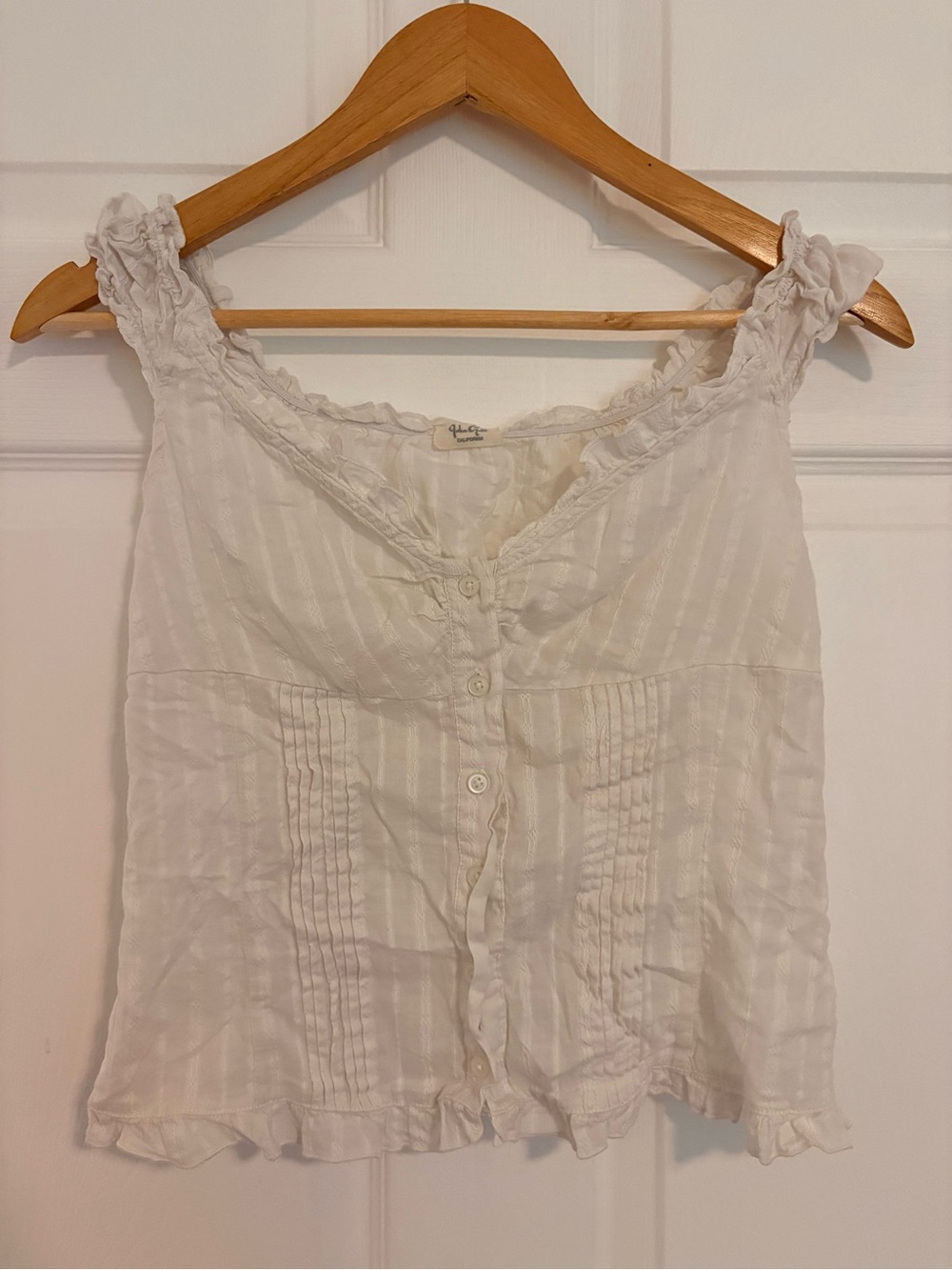 John Galt White Lace Ruffle Button Tank